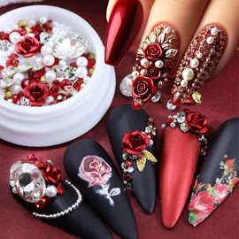 2 Boxes Rose Flower Nail Art Charms Red Pink Nail Rhinestones Valentine's Day Nail Gems Rose Flowers Nail Diamonds Gold Leaf Nail Jewelry Valentines Day Rose Nail Jewel for Women Acrylic Nail Supplies