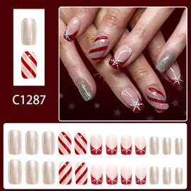 Christmas Press on Nails Square Fake Nails Medium Nails Press ons with Snowflake,Candy Stripe & Glitter Design Reusable Artificial Nail Full Cover Glue on Nail Stick on Nails for Women Manicure 24Pcs