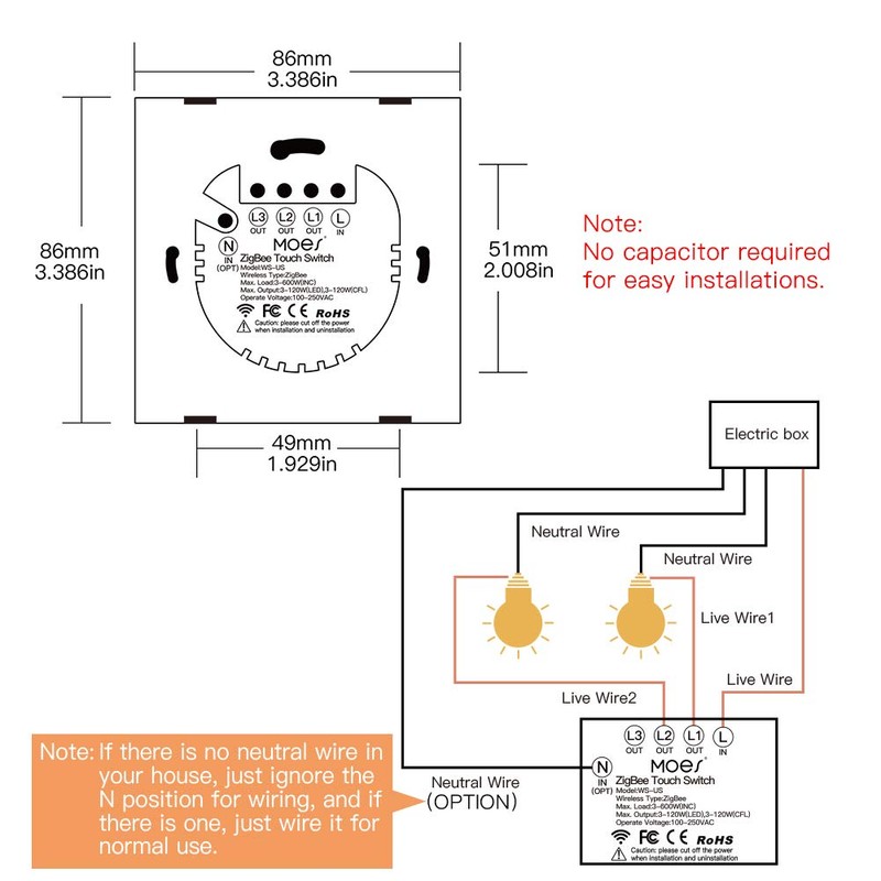 MOES Smart Switch, Requires Tuya ZigBee Hub, No Neutral Conductor