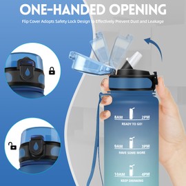 Water Bottle 1 Litre, Water Bottle with Straw, Sports Water Bottle with Motivational Slogan, Leak-Proof Water Bottle with Time Marking, Water Bottle for Yoga, Camping, Hiking, Running, Blue/Green