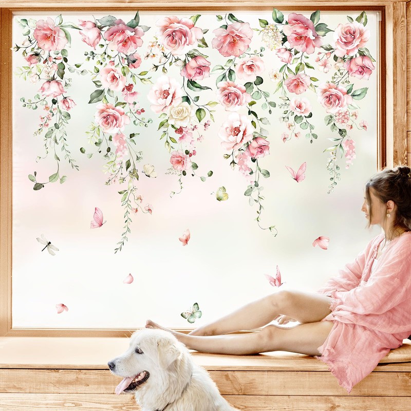 JarThenaAMCS 9 Sheet Spring Pink Flowers Window Clings Aesthetic Hanging