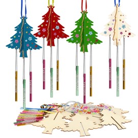 WEDNOK Pack of 6 3D Christmas Tree Wind Chime Craft Set Christmas Crafts Children Wooden Christmas Decoration Craft for Painting Creative Sets Wind Chimes for Girls Boys Christmas Winter