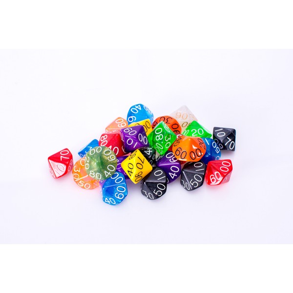 25 Count Assorted Pack of 10 Sided Percentile Dice - Multi Colored Assortment of D100 Polyhedral Dice