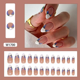 Press on Almond Nails Medium Length Acrylic Glossy Full Cover Pointed Almond French False Nails with Designs Artificial Almond Fake Nails with Charms Glue Stick ons Fingernails for Women(W1700)