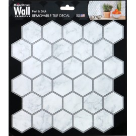 MAIN STREET WALL CREATIONS Peel Stick 8"x8" Art Wall Tile Hexagon Mosaic Gray MARBLE SILVER Made in USA