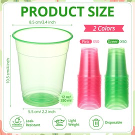 Jingmore 100 Pcs Blacklight Glow Cups 12 OZ Plastic Pink and Green Disposable Drinking Cups Glow in The Dark for Witch Princess Birthday Watermelon Flamingo Sorority Themed Party Supplies