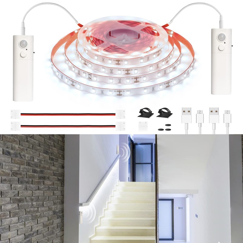 WOBANE Dual Motion Sensor Stair Lights Strip, Rechargeable 16.4ft LED