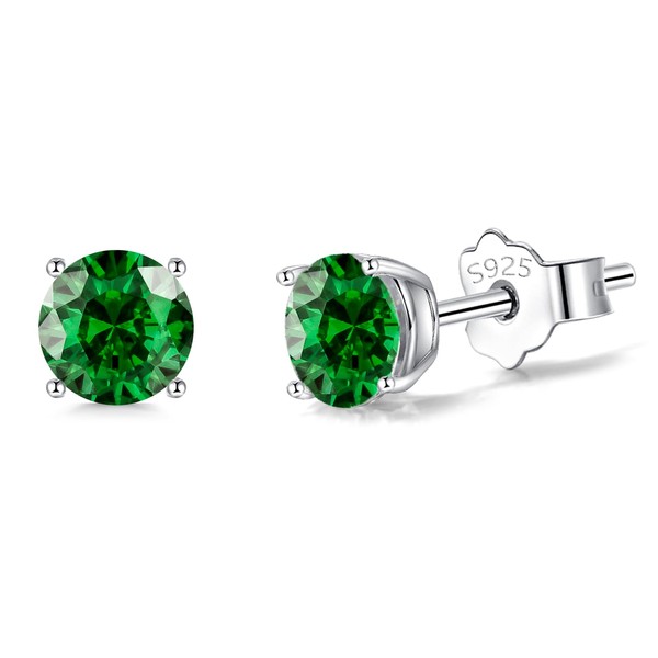 Silver Stud Earrings for Women Girls, Sterling Silver Green Cubic