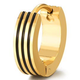 Gold Color Huggie Hinged Hoop Earrings with Black Stripes, Stainless Steel, Mens Womens