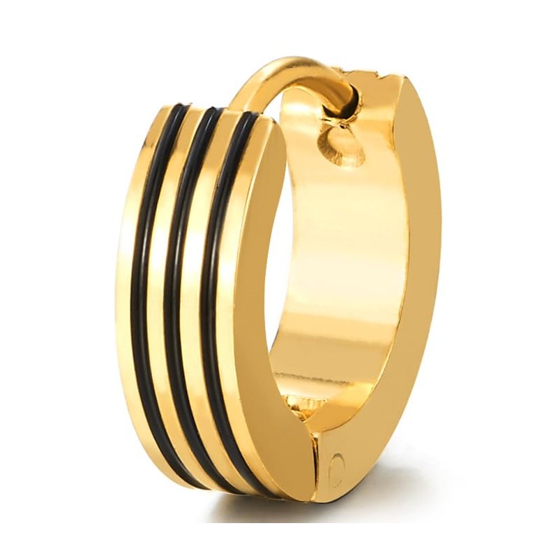 Gold Color Huggie Hinged Hoop Earrings with Black Stripes, Stainless