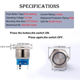 JIQI 2Pcs 22mm 0.87'' Latching Push Button Switch 12V-24V Waterproof LED On Off Metal Self-Locking Switch 1 NO 1 NC for 7/8'' Mounting Hole 0.87'' with Wire Socket Plug(Blue)