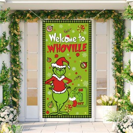 Welcome To Whoville Door Cover Christmas Front Porch Door Sign Banner Whoville Christmas Xmas Winter Holiday Decorations Outdoor Outside for Home