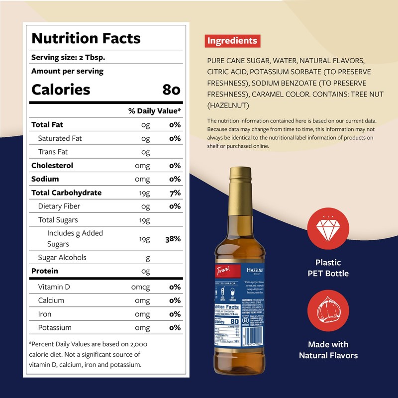 Torani Coffee Syrup, Hazelnut Flavored Syrup for Drinks, Pump Included,