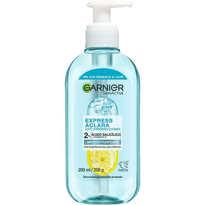 Garnier Express Aclara Gel Limpiador Facial Ácido Salicílico 2%, 200ml
