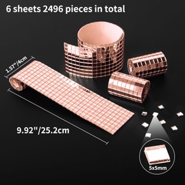 Art3dwallpanels 6 Pack Self-Adhesive Glass Mirror Mosaic Tiles 2364 Pieces Small Square Mirror Tiles Sticker for DIY Craft Decoration, Disco Ball Rose Gold