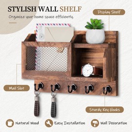 Nekon Key Holder Wall Mount with Mail Slot, 11.8" W x 7.5" H x 3.1" D Modern Farmhouse Key and Mail Organizer with 5 Hooks for Home Decor (Brown)