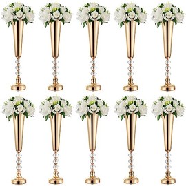 Centros de mesa de boda para mesas jarrón dorado, 10 jarrones de mesa altos para centros de mesa, jarrón de trompeta de metal de 20.8 pulgadas, decoración de mesa de centro de mesa, soporte de flores para boda, ceremonia de aniversario