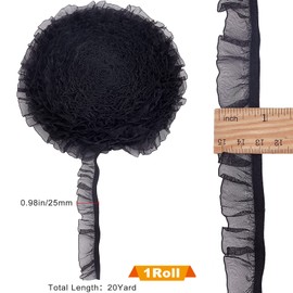 GORGECRAFT 20Yds Elastic Stretch Lace Trim 1 inch Black Ruffled Pleated Satin Tulle Organza Gathered Mesh Chiffon Lace Edge Fringe Trimmings Ribbon Single Appliques Patches for Dress Wedding Collars