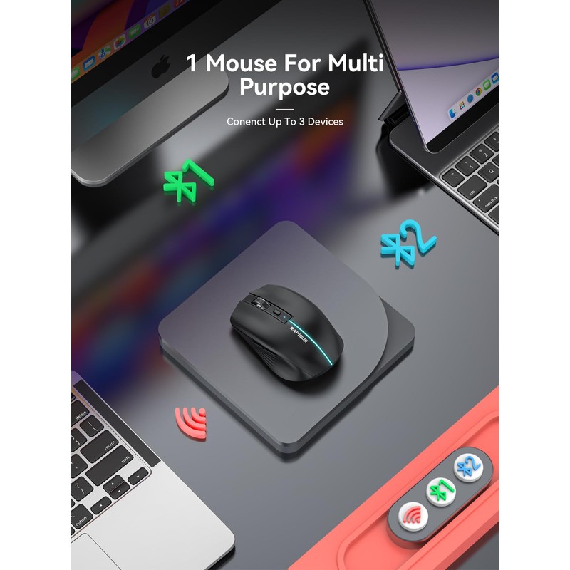 RAPIQUE Bluetooth Wireless Mouse - (BT1/BT2+USB) Tri-Mode High Performance, Rechargeable,