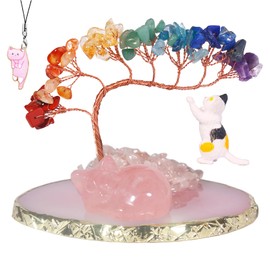 Dreamgirnh Opal Cat Chakra Crystal Tree and Healing Stones Cute Sleeping Cat Statue Lucky Kitten Figurine Office Bedroom Home Desk Fairy Garden Decoration Cat Lovers Gifts for Women (Rose Quartz)