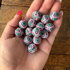 15mm Printed Silicone Beads - 10pc:_Pink and Teal Aztec
