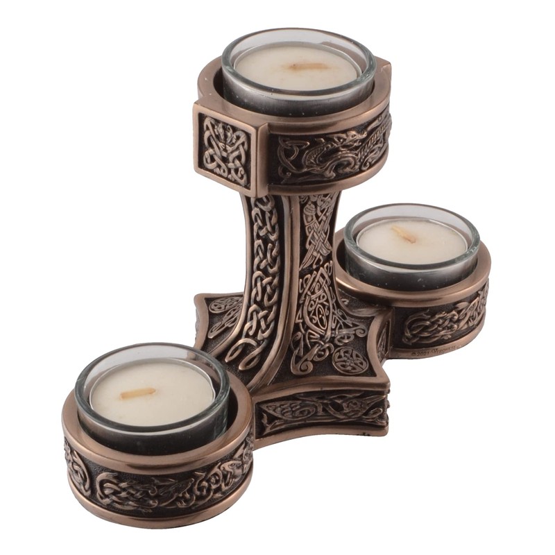Veronese Germanic Tea Light Holder Mjolnir Thor's Hammer Bronzed 3