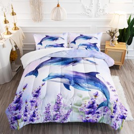 AILONEN Kawaii Whale Bedding Cute Dolphin Comforter Set,Kids Girls Full Bed in a Bag,Purple Watercolor Lavender Flower Comforter Set,Sea Animal Theme Bedding Set 3 Pieces, 1 Quilt and 2 Pillowcases