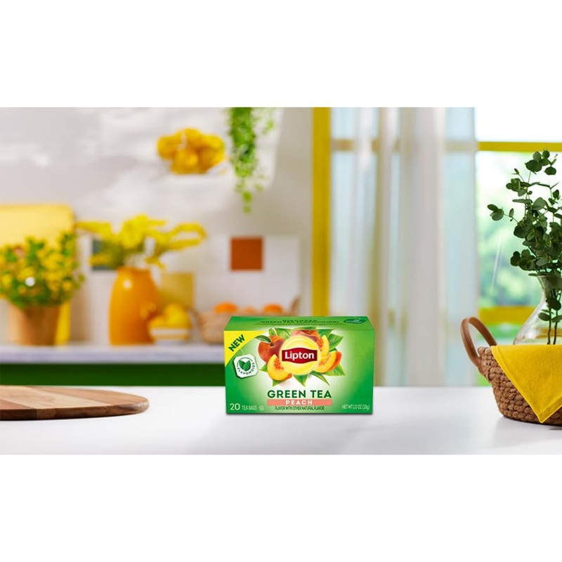 Lipton Peach Green Tea Bags, Flavored, Unsweetened Teabags for Hot