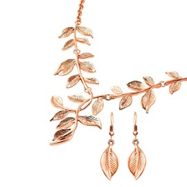 Shop LC ION Plated Rose Gold Leaf Earrings Statement Necklace Costume Jewelry Costume Jewelry Set for Women Stainless Steel Fashion Floral Jewelry Gifts for Women 22" Christmas Gifts