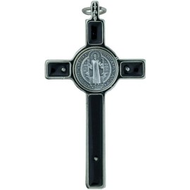 St. Benedict Crucifix with Round St. Benedict Medal Inlay with 3" Silver-Tone
