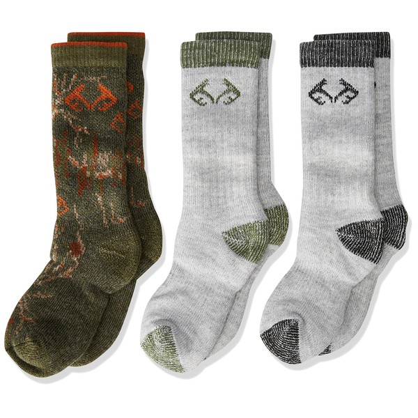 Realtree Boy's Outdoor Merino Wool Blend Camo Mid Calf Socks Gift Box (3-Pair Pack), Multicolor, Small (RBBOX-Assorted-Small)