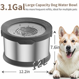 12L Dog Water Bowl No Spill 3.1 Gallon Super Large Capacity Stainless Steel No Splash Dog Bowls Slow Drinking Feeder with Non-Slip Base Pet Water Dispenser for Dogs