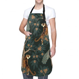 aportt Tiger and Peacock Apron Jungle Animal Green Aprons Adjusted Bib with Pockets Kitchen Durable Waterproof Resistant Chef for Cooking Grill BBQ Baking for Men Women