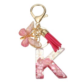 MECCANIXITY Initial Letter Keychain, Cute Tassel Butterfly Keychain Alphabet K Letter Charm for Women Girls Key Purse Handbag Backpack (Rose Red, Pack of 1)
