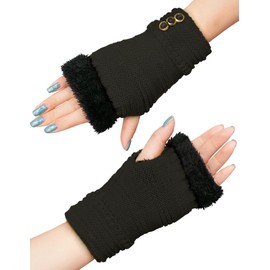 Dahlia Fingerless Fleece Lined Gloves for Women - Knitted Hand Warmers, Black
