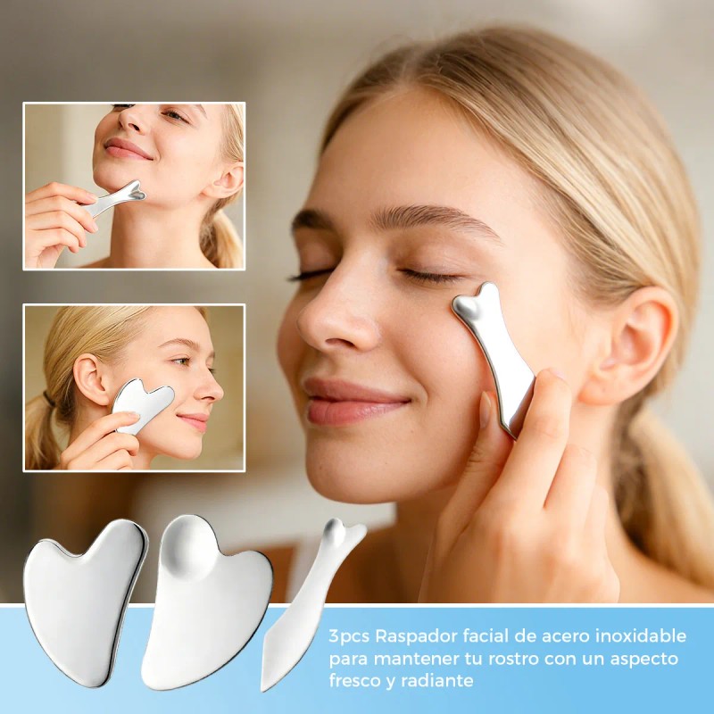 Kit 3 Piezas Guasha Facial Acero Inoxidable Masajes Cuello