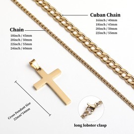 Kenivira 2Pcs Men's Necklaces Stainless Steel Cross Necklace for Men Cross Pendant Necklace Silver/Gold/Black Cuban Chain Necklace Jewelry Gifts for Men