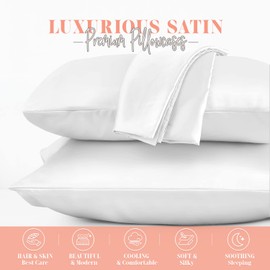 Elegant Comfort Silky and Luxurious 2-Piece Satin Pillowcase Set for Healthier Skin and Hair, Hidden Zipper Closure and Beautifully Packaged, Satin Pillowcase Set, Standard/Queen, White