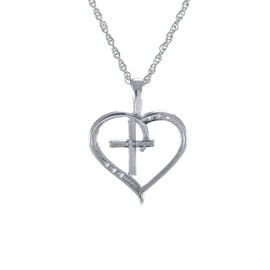 Womens Jewelry Two Tone 925 Sterling Silver Round Cut Cross Heart Pendant Necklace with 18" Chain 0.06 CT Natural Diamond- H-I, I1-I2- Choice of Silver Plated (Yellow,White,Rose)