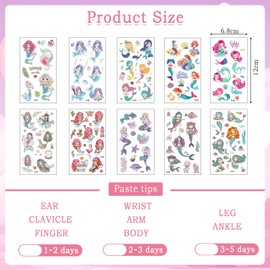 10 Pcs Mermaid Temporary Tattoos Stickers for Kids,Mermaid Party Bag Filler Favors Cute Fake Tattoos Stickers for Kids Boys Girls School Rewards Gifts