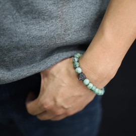 COAI Natural Stone Bead Bracelet with Panther Head Charm for Men, 18 centimetres, Stone, African turquoise