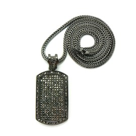 Iced Out Dog Tag Pendant 4mm 36" Franco Chain Necklace in Hematite-Tone