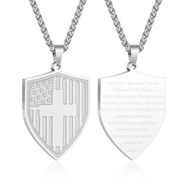 P.BLAKE Silver Shield American Flag Cross Necklace for Men Male, Lord’s Prayer Bible Verse Stainless Steel Pendant Amulet Military Jewelry Gifts for Dad Veteran Collar Cadenas Para Hombre