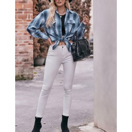 Korebow Women's Lightweight Flannel Plaid Button Down Shirts Oversized Long Sleeve Shacket Jacket Tops(0200-Blue-S)