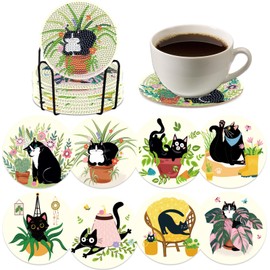 INCOK Black Cat Diamond Art Coasters - 8 Pcs Cute Animal Diamond Painting Kits, Non Slip Coasters for Drinks Coffee DIY Art Craft Home Table Decor Birthday for Adult Beginners