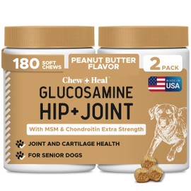 Dog Glucosamine Chews, 180 Count - Hip and Joint Supplement for Dogs - MSM, Chondroitin for Joint and Cartilage Health – Puppies, Seniors, Small, Large Breeds, Peanut Butter Flavor (2 Packs of 90)