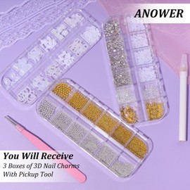 3D Nail Charms and Gems, White Flower Bows Star Moon Rose Acrylic Nail Art Charms, Gold Silver Caviar Nails Beads, Half Round Pearl and Flatback Glass Silver&Clear Crystal Gems for Nails Art Decor