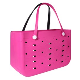 PoVwlty X-Large Rubber Beach Bag for Men & Women, Large Capacity Travel Bag Tote Bag for the Beach Boat Pool (New- Rose Red & Black)