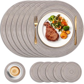 HEYOMART Round Placemats and Coasters Set of 6, 34cm Braided Woven Place Mats Washable Table Mats and Coasters Sets Heat Resistant Table Mats for Kitchen Dining Table Home Restaurant, Rainbow Grey