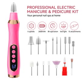 Cordless Nail Drill, Long-Lasting Electric Nail File, Low Noise Electric Nail Drill with 360° LED Light & 6 Speeds, Toenail Grinder for Thick Nail Toenail Cuticle Women Men Baby Pets